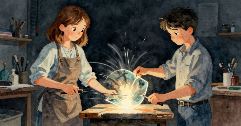 Oona 將發光熔融玻璃迅速轉移至支架上,動態軌跡勾勒出旋轉能量,Glen 在旁微笑欣賞,場景充滿動感