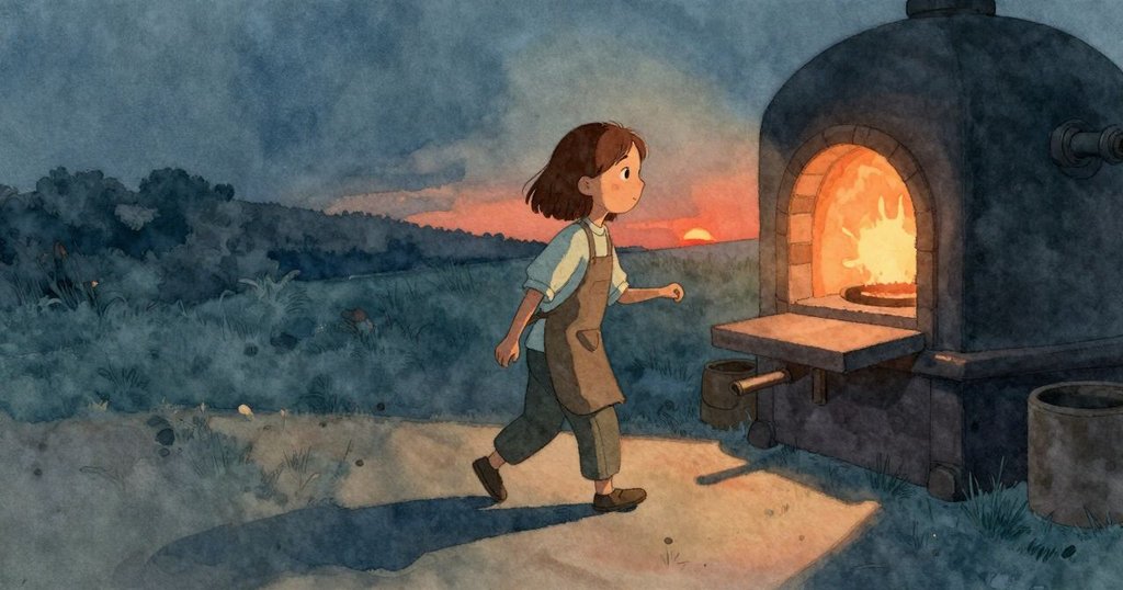 在溫暖夕陽中,Oona 手持吹管走向發光退火爐,背景熔爐門緩閉,神情滿足平靜,日暮光影柔和