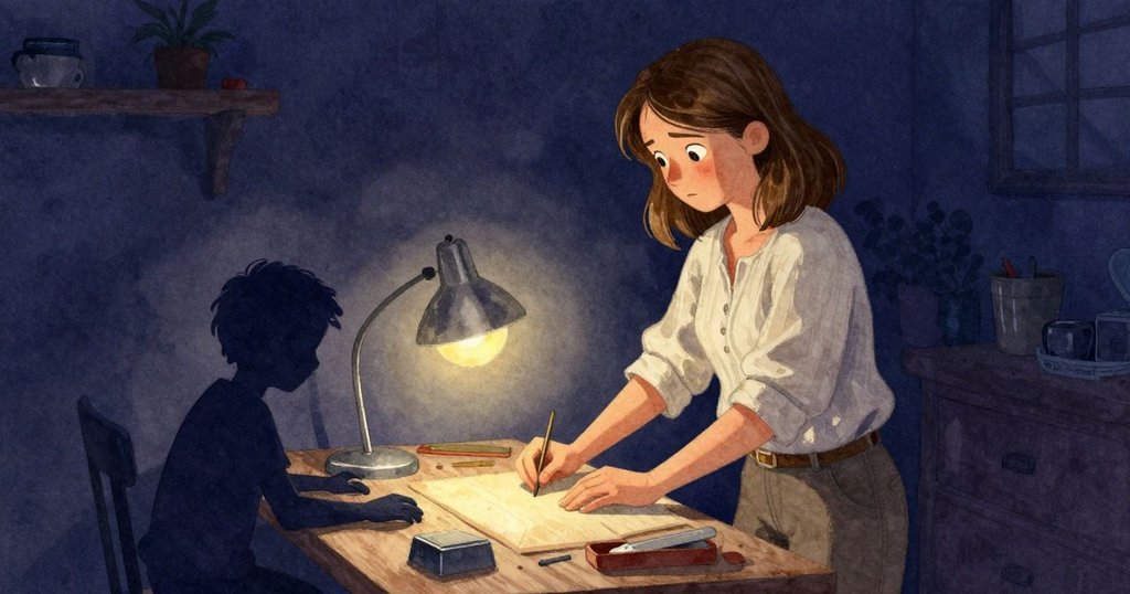 Ruby在溫暖燈光下的工作室中工作，燈光映出她的剪影，她正準備工具，神情期待而專注。