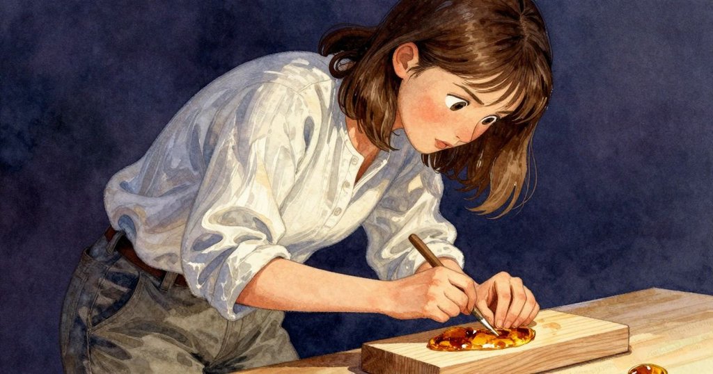 Ruby將琥珀放在木塊上檢視，琥珀表面紋理複雜，工具與光影交織，呈現歷史痕跡。