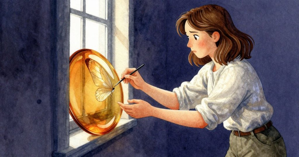 Ruby傾斜琥珀，反射中浮現精緻隱藏的翅膀，她驚奇於奇幻光影的呈現。