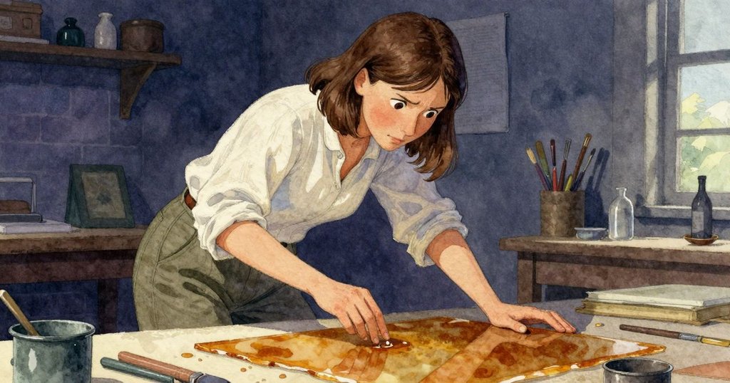 Ruby猶豫拇指輕觸琥珀，內心掙扎與決心交織，靜謐中表情深思。