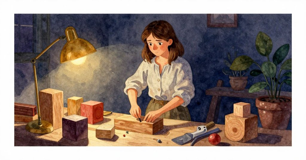 Ruby滿足地擺放琥珀於燈光下，細緻翅膀映出金色光輝，工作室重現和諧溫馨。