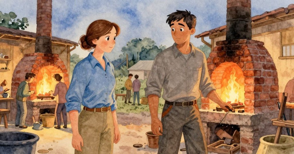 Mabel在窯邊專注觀看，Sam忙著堆積木柴，多位陶藝家同場工作，溫暖燈光映照現場活躍。