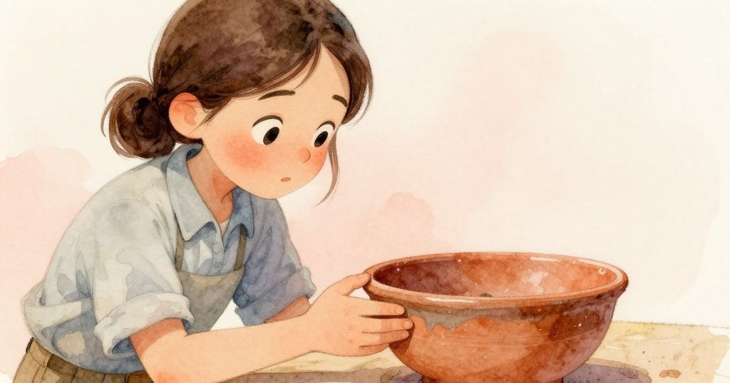 Mabel細心檢查陶器，手中捧著未燒碗，碗內星點閃爍，細緻紋理在柔光下呈現。