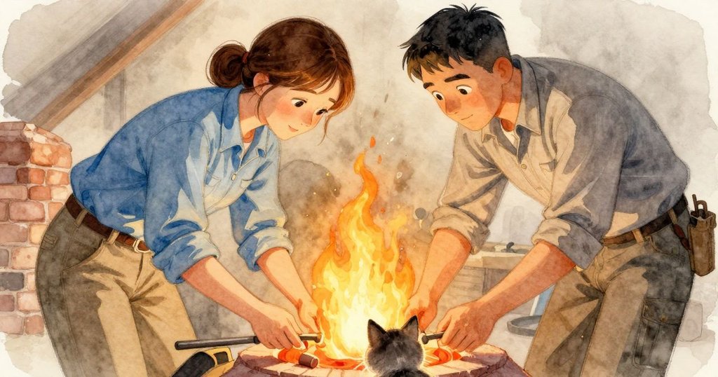 從低角度觀察，橙貓Sunny注視Mabel調整工具、Sam專心工作，火光和灰燼營造溫暖動態場景。