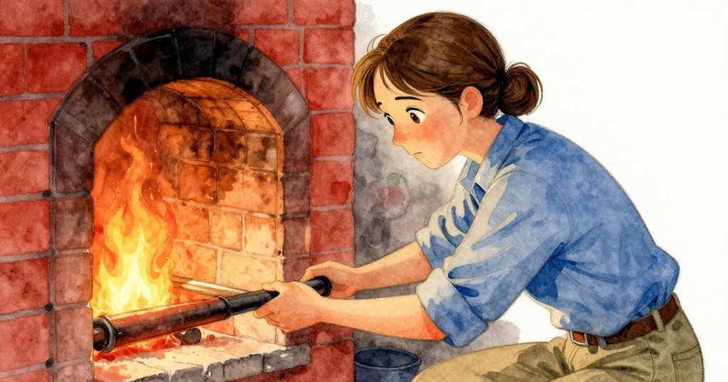 Mabel站在窯門前，手輕觸調火桿，神情專注，火光從橘轉白展現決定性瞬間，細節豐富。