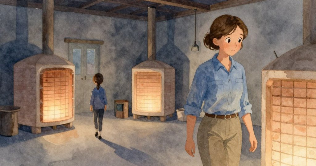 Mabel離開穩定窯室，柔和火光映照安靜空間，火光與夜色交融，構成圓滿結局，氛圍沉靜。