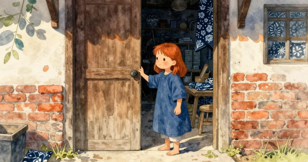 奧拉輕推木門進入工坊，古舊磚牆映襯綠蔭及晨光，展現期待與溫暖的開場情境。