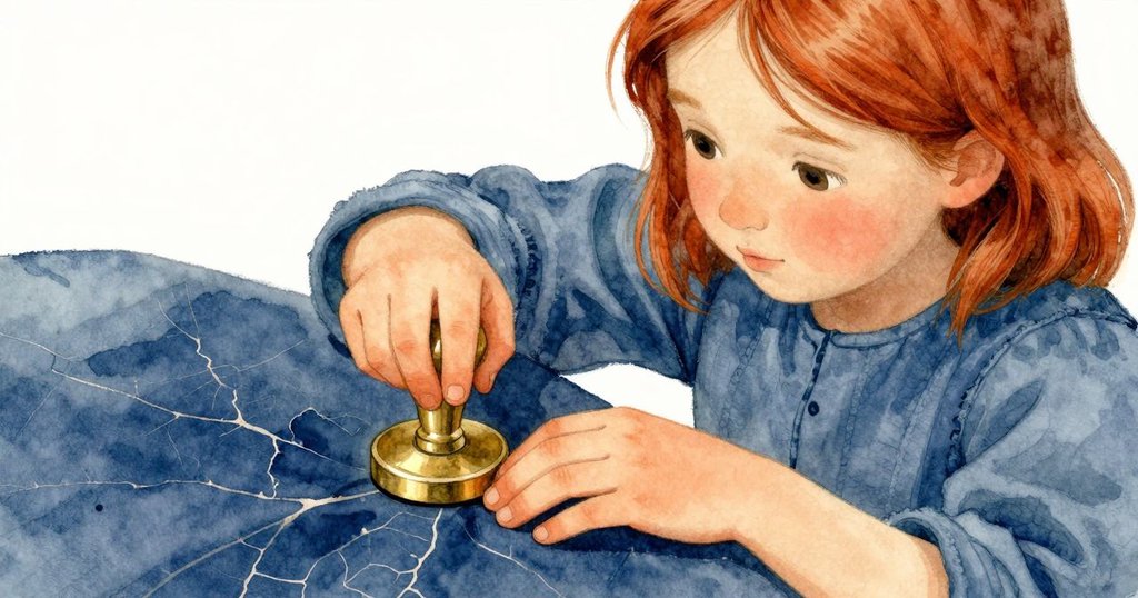 奧拉伸手按銅印，近拍展示蠟面龜裂紋理與布面細節，營造精緻工藝與溫柔動作的氛圍。