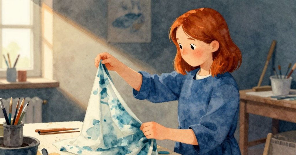 從背後看奧拉專注地將染布朝光線傾斜，工坊內低凳與晾曬架隱約映現，展現創作情境。