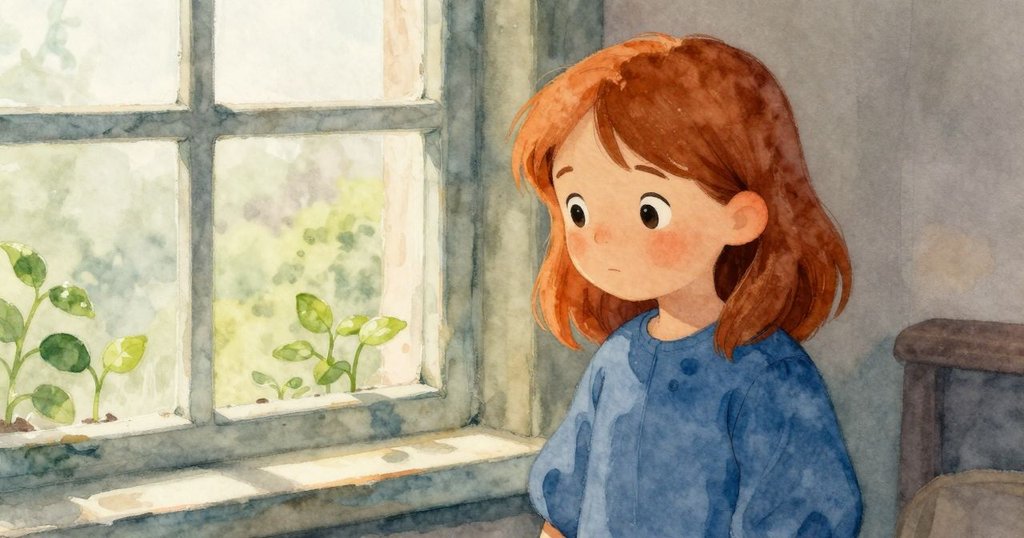 奧拉走到窗邊，凝望外面晨光灑落的綠植，室內外融合，表情流露好奇與寧靜。