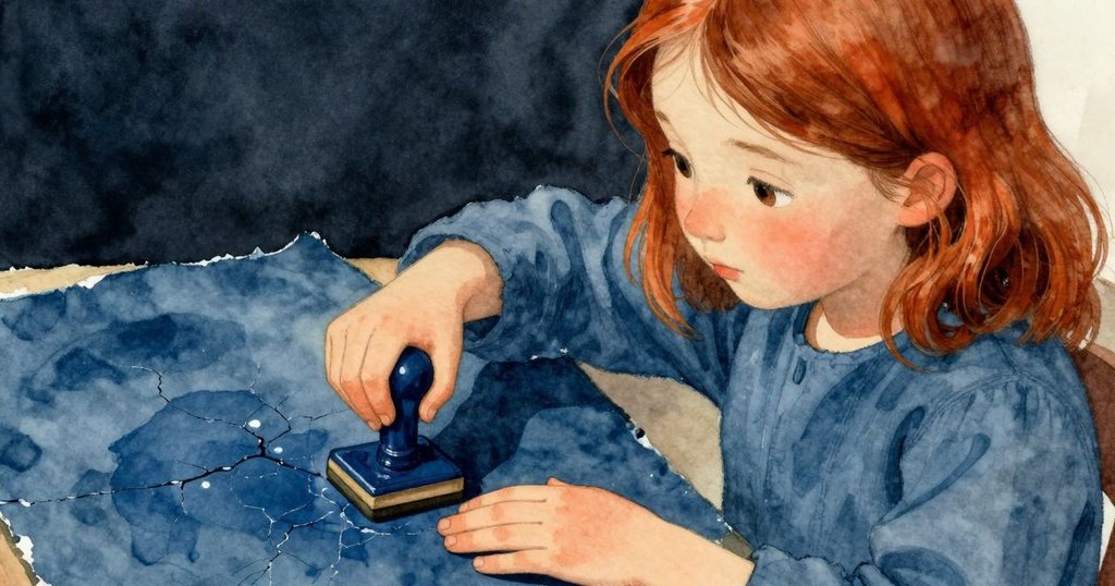 奧拉再次按壓銅印，近拍揭示蠟裂蔓延藍脈細節，展現她專注與驚喜的瞬間，工藝感濃厚。