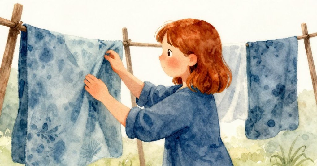 奧拉放下銅印，微笑注視著晾曬架上完成的布邊裝飾，柔光中告別一天創作，流露滿足與寧靜。