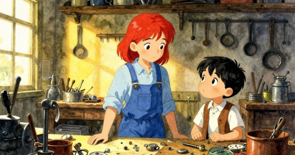 萊恩與伊尼戈在晨光中走進工作室，背景有舊式工具和時鐘零件，臉上流露出期待與希望