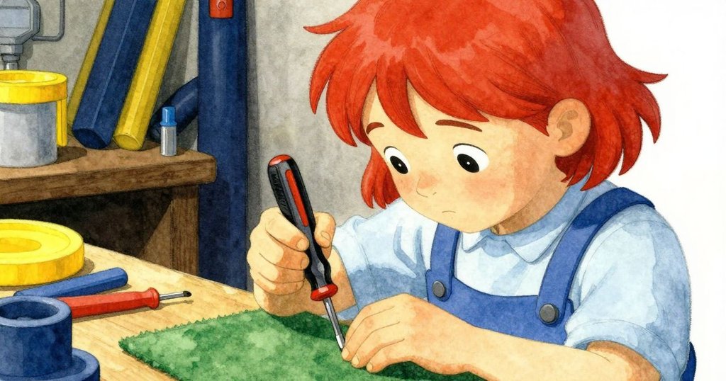 萊恩專注檢查放在綠色毛氈上的螺絲刀，背景簡潔，展現出細緻與認真的工作情景