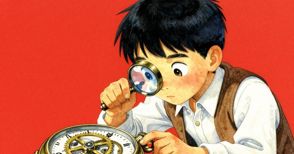 伊尼戈用放大鏡專注觀察銅擺輪與油斑，側光下顯現出機械細緻光澤與認真神情