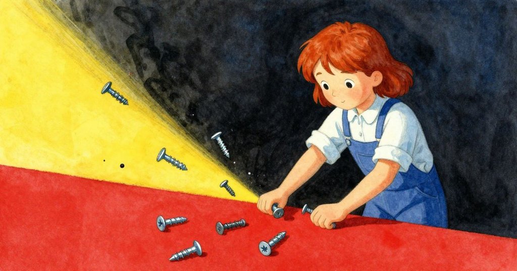 螺絲突然飛散在毛氈上，萊恩迅速彎腰撿拾零件，背景燈光對比強烈，展現出短暫緊張瞬間