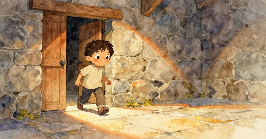 拉斐爾踏入古老密室，透過橡木門進入，清晨陽光灑落石地，映出神秘半月形痕跡，表情充滿好奇