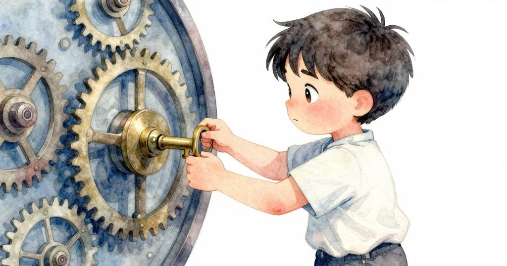 拉斐爾專注操作銅鑰匙，雙手細緻轉動鐘樓機關，展示精密齒輪與鏈條細節，充滿謹慎神情