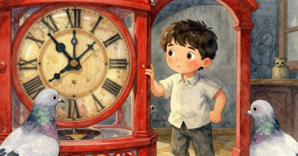 從鴿子視角觀察，拉斐爾於鐘樓內操作機關，窗邊鴿子靜靜觀看，展現內外細節與隱秘氛圍