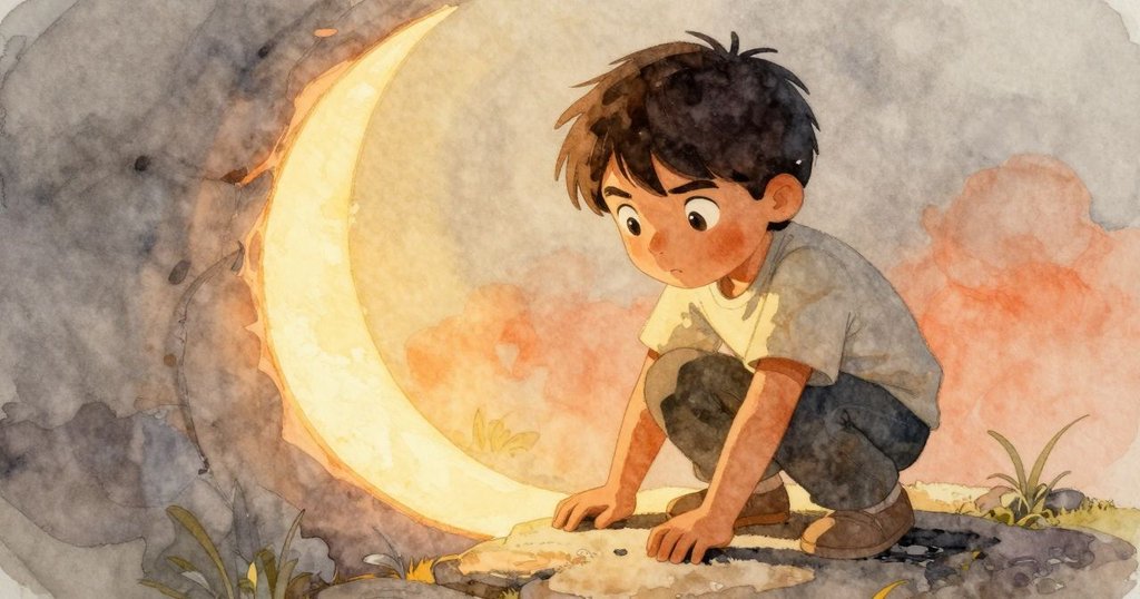 午後時分，拉斐爾蹲在石上半月油痕旁，溫暖銅色光線灑落，呈現時間流逝的微妙氛圍