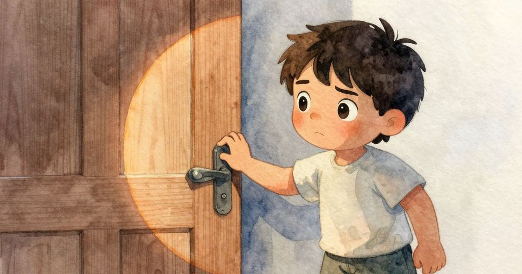 拉斐爾將手掌貼在橡木門上，背景中隱約見到半月痕跡，映出神秘與沉思的結局，氛圍安靜