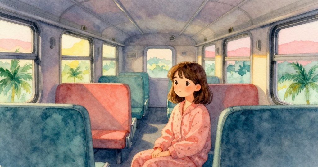 艾莉絲在火車車廂內細心觀察搖擺的燈鍊, 夜晚柔和燈光映照室內, 表情沉思, 帶出故事開始的靜謐感