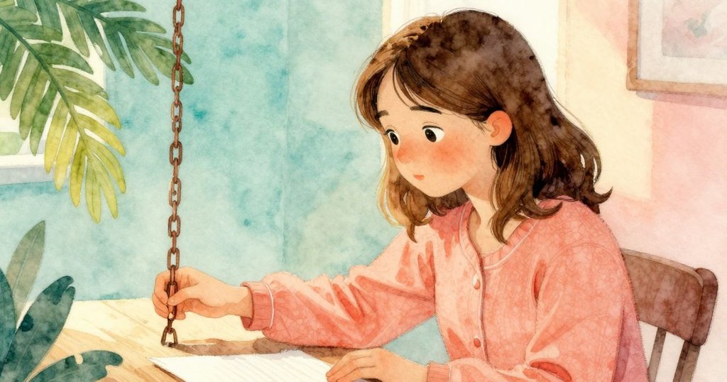 艾莉絲的手輕觸搖擺的燈鍊, 桌上鉛筆悄然滾動, 細節清楚, 傳達出好奇與溫馨的互動