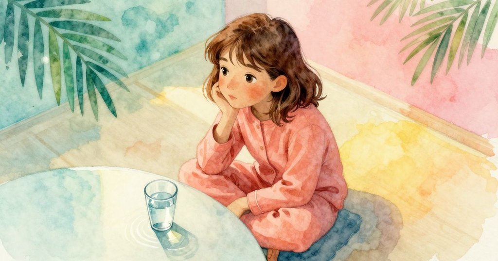 艾莉絲坐在地板上腰靠桌子, 注視著水杯中逐漸平息的漣漪, 高角度拍攝, 充滿沉思與柔和燈光