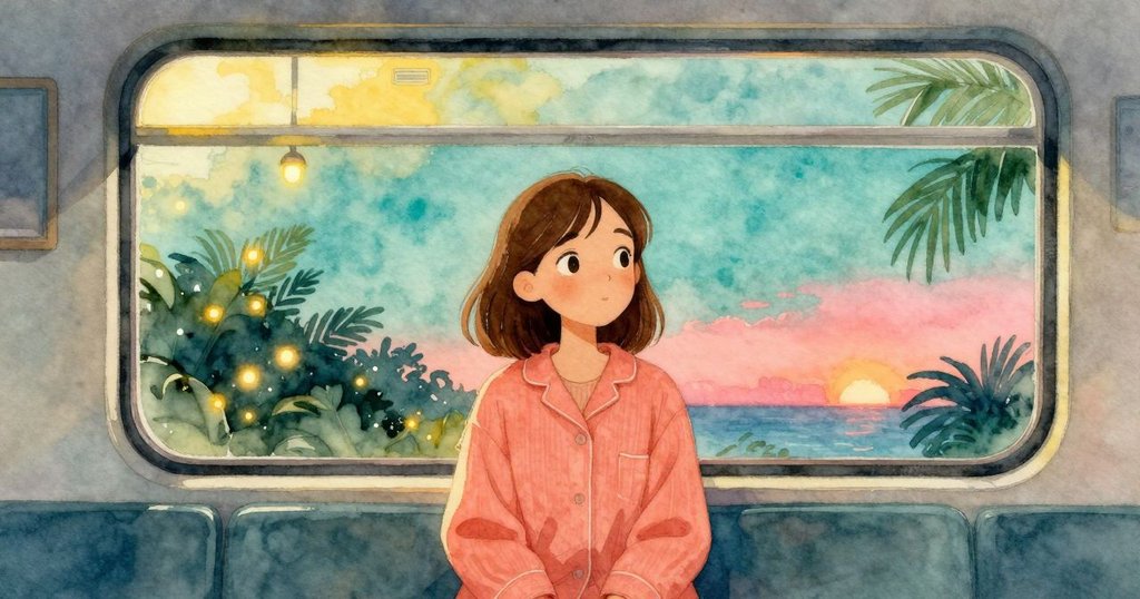 透過火車窗戶望見遠處閃爍的信號燈, 外部冷夜與室內溫馨燈光形成對比, 輕柔氛圍, 充滿故事發展感