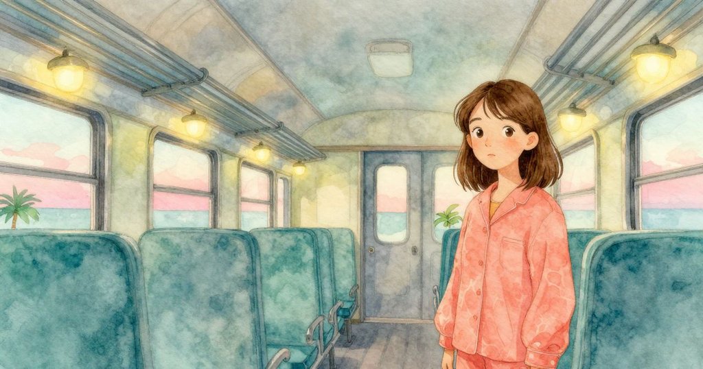 艾莉絲再次放鬆, 坐在火車車廂內聆聽節奏合一的燈光與車輪聲, 結尾畫面充滿寧靜與溫暖