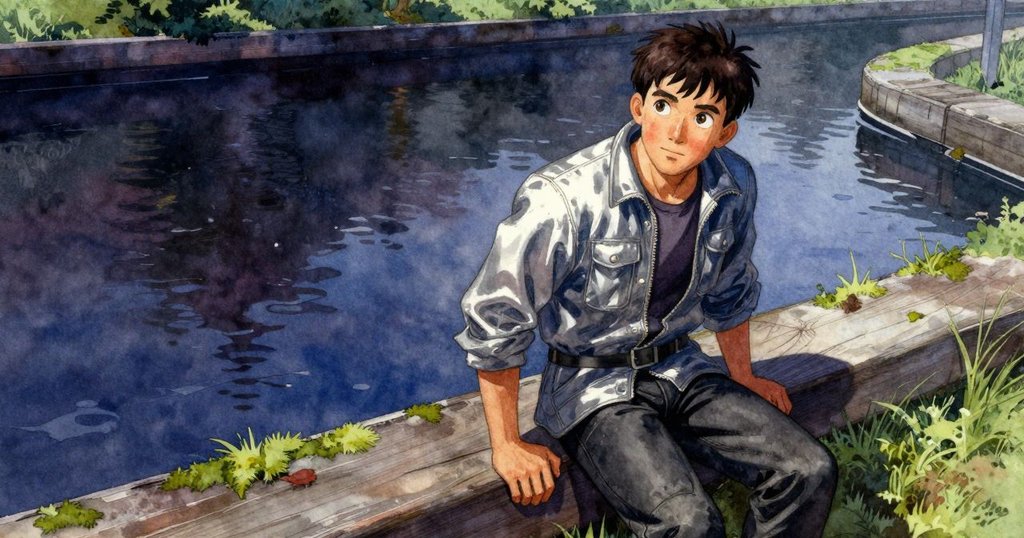 巴雷特在戶外運河邊的平衡桿上傾斜觀察苔蘚與水位變化，神秘氣氛中透露出晨光的柔和光影