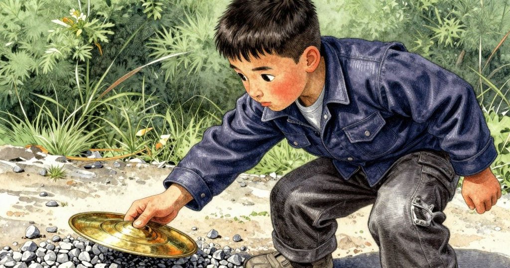 巴雷特伸手從潮濕碎石中撥出黃銅圓盤，特寫呈現精緻刻紋與材質細節，背景隱約見到廢棄推車