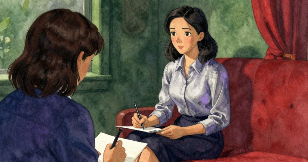 歐娜在小屋內專心記錄帳本，從肩後視角看見筆記和窗外景象，其神情專注溫馨