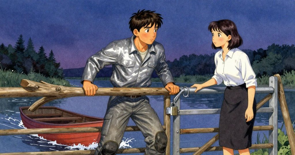 在靜謐黃昏中，水閘門逐漸鬆弛木材漂移，小船隨水流輕搖，呈現一天中平和的過渡時刻