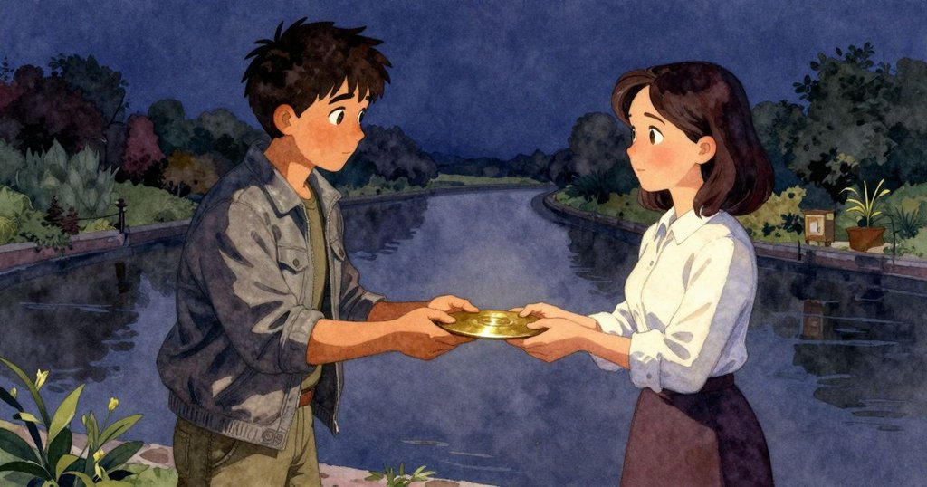 巴雷特無言中將黃銅圓盤交給歐娜，兩人默契互動於水道邊，燦爛光線中流露出共同探索的神情