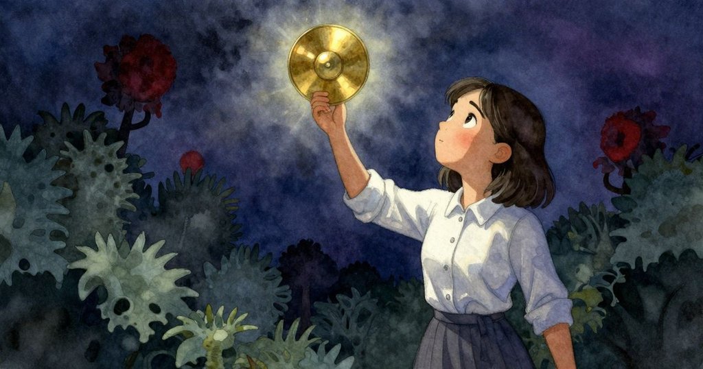 歐娜舉起黃銅圓盤面向寬廣天空，圓盤散發神秘光芒，表情沉思，結尾營造無限想像空間