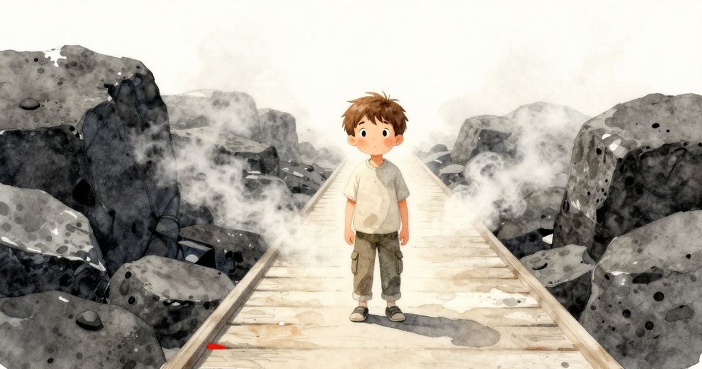 瑞恩站在木板路上，觀察熱泉蒸氣上升形成的剪影，背景光線溫柔且充滿期待，敘述開始的情感與環境。