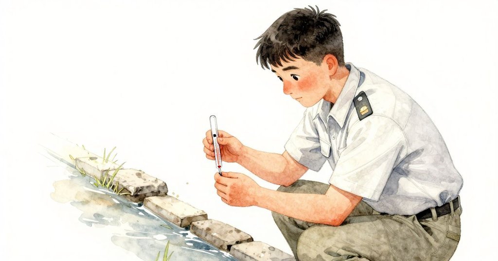 護林員跪在熱泉邊，專注地使用溫度計記錄數據，背景流動的溫泉氛圍，動作嚴謹且環境靜謐。