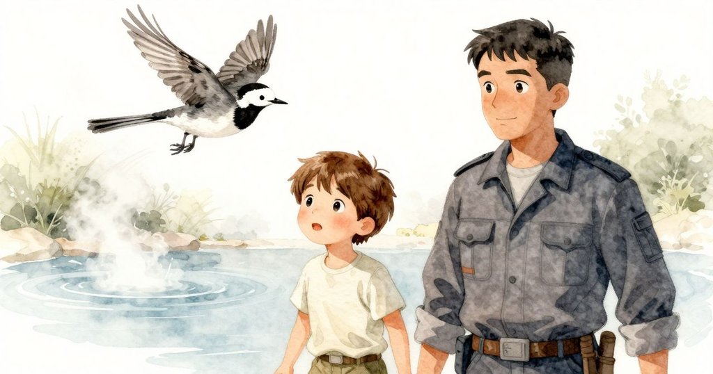 一隻柳鶯在熱泉中飛舞，其翅膀劃出清晰動感，背景蒸汽朦朧，呈現自然活力與人文環境交織。