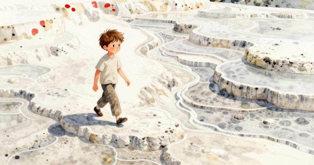 瑞恩沿著加熱的石板路缓步前行，從高處俯瞰充滿蒸氣與光澤的玄武岩地形，呈現動靜結合的自然魅力。