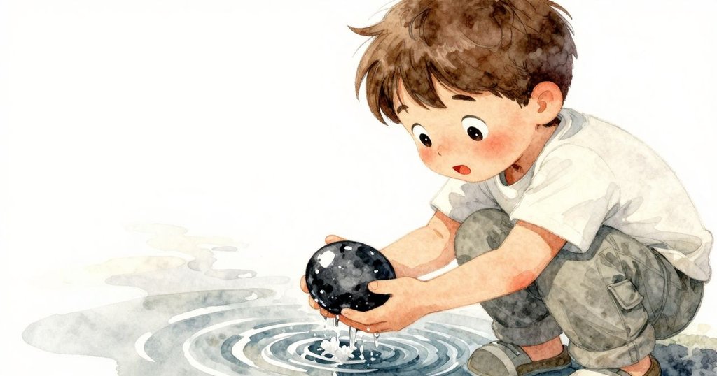 瑞恩專注地撿起黑曜石小石，近距離觀察水中逐漸形成的細緻白色結晶，表情充滿驚奇與探索心情。