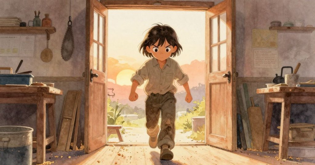 Ella 穿著長靴踏入充滿陽光與木屑的工作坊，大廳內塵埃飛舞，展現堅定與期待的情感，開啟創作旅程。