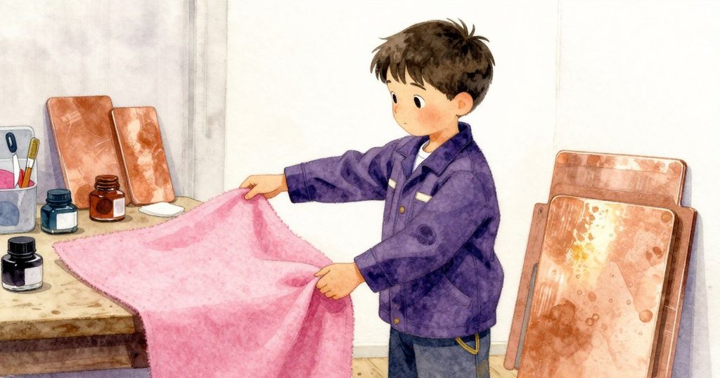 Marco 在工作間內輕輕揭起毯子，身旁墨水瓶細微碰撞發出聲響，營造寧靜而專注的創作氛圍。