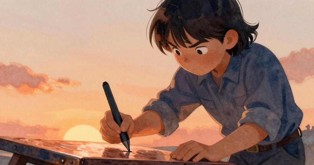 Ella 的手細緻操控刻刀在銅板上滑動，小滴蜂蠟在工作台上緩緩流落，展現專注與工藝之美。