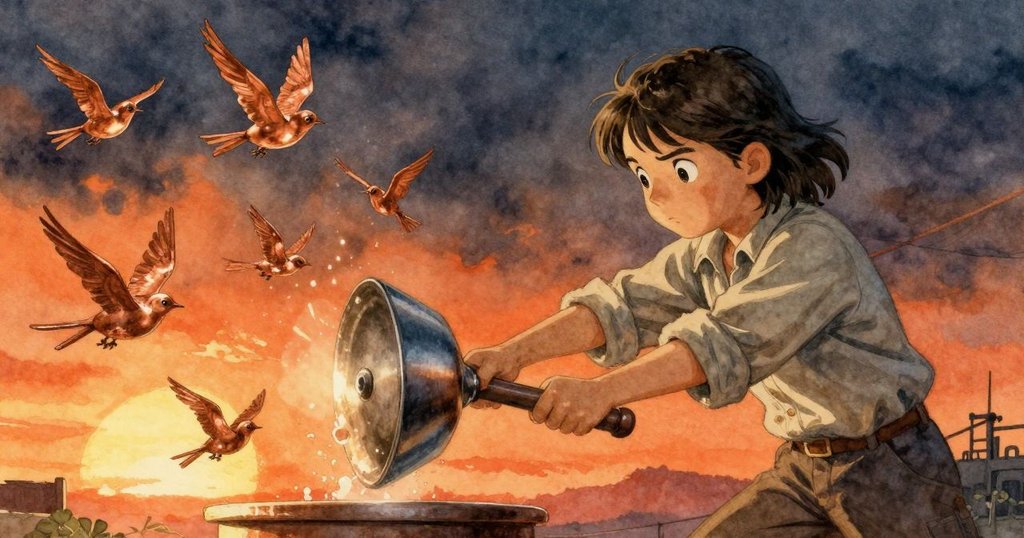 按壓機發出沉響，一隻精美銅鳥印刷呈現，Ella 驚訝凝視並細細觀察，創作瞬間充滿激動與神奇感。