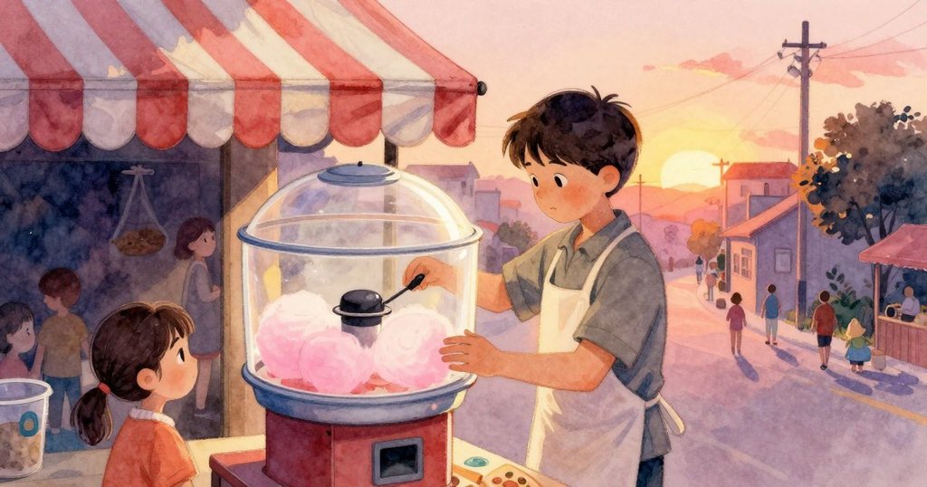 巴雷特在糖果車前操作機器,從上方鳥瞰,背景有燈光、彩條帳篷與期待的小孩,充滿活力與溫暖。