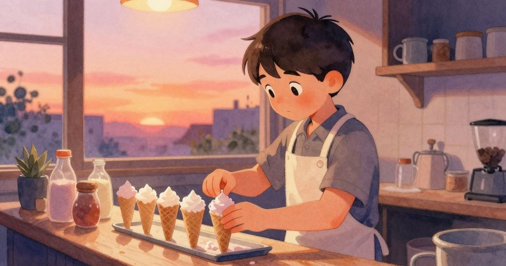 巴雷特在糖果車內部整理糖錐,細心擦拭手指,室內陳設整潔溫暖,流露出認真與專注。