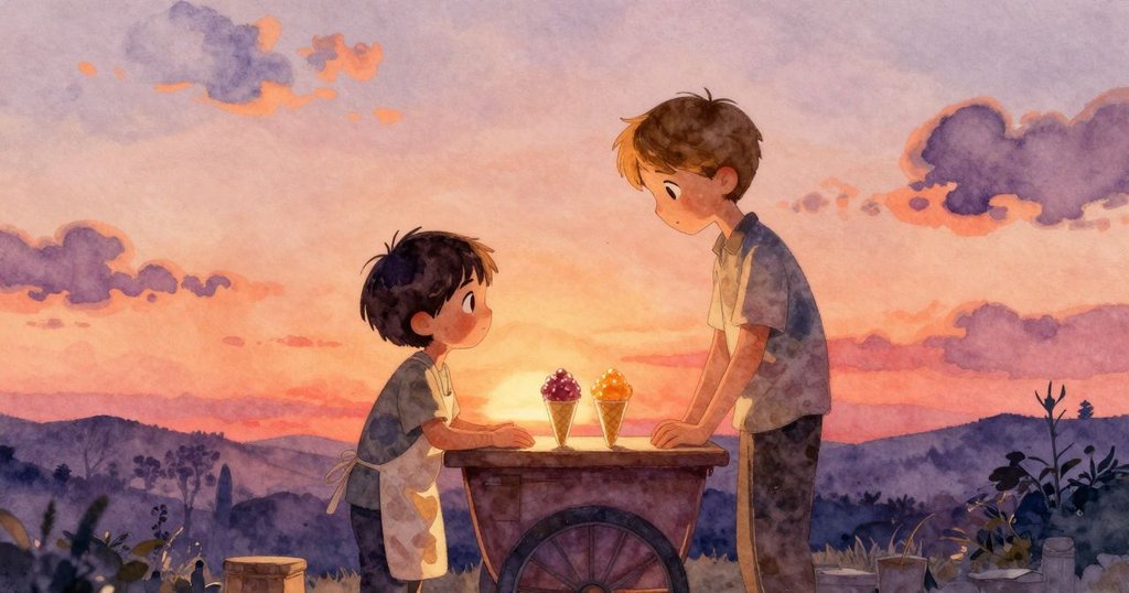 巴雷特與哈里斯展示最終成果,兩錐糖果陳列於櫃台上,背景街道泛著柔和琥珀光,場景宏大完滿。